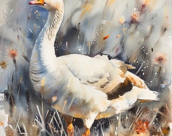 Goose watercolor painting, goose art print, 4096x4096 pixels, square, printable wall art, animal print, digital download