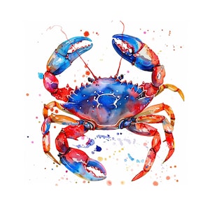 4 set of crab watercolor clipart, printable wall art, digital art, instant download, sea creatures, wall art, wall decor, kitchen wall art