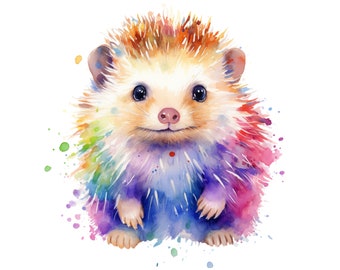 Hedgehog watercolor painting, colorful art, hedgehog printable wall art, hedgehog clipart, hedgehog digital download, hedgehog print