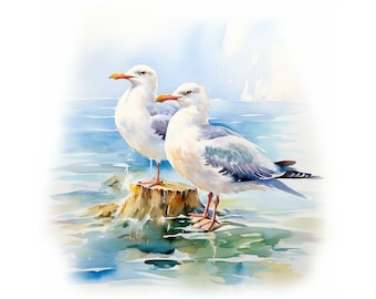 Seagulls Watercolor Painting, Coastal Wall Art (Digital Download)