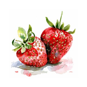 Strawberries watercolor painting printable wall art, instant download, fruits wall decor,kitchen wall decor, fruits clipart