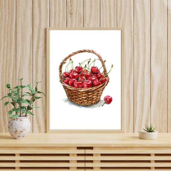 Cherries in Basket Watercolor Painting Printable Wall Art, Kitchen