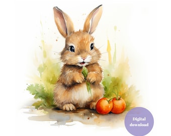Rabbit watercolor painting, rabbit Nursery wall art, instant download, baby room decor, digital print