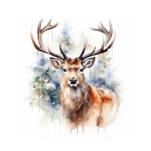 Pintura de acuarela de reno, arte de pared imprimible de reno, descarga instantánea, impresión digital, decoración navideña para el hogar