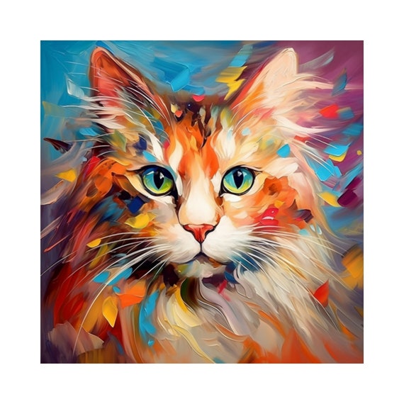 猫の肖像画の油絵、抽象画、印刷可能な壁アート、動物のアート、印刷