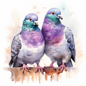 Pigeons watercolor painting printable wall art, digital print, instant download, bird print, valentine gift