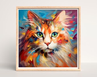 猫の肖像画の油絵、抽象画、印刷可能な壁アート、動物のアート、印刷