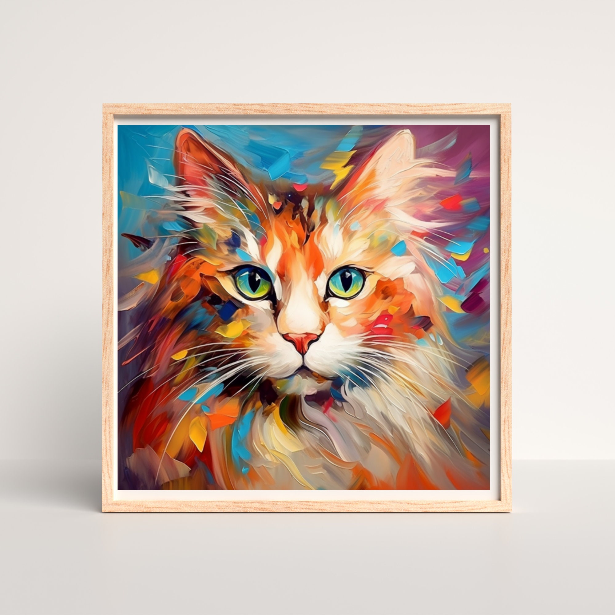 猫の肖像画の油絵、抽象画、印刷可能な壁アート、動物のアート、印刷