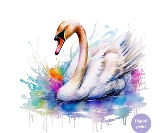 Pintura de acuarela de cisne, arte de pared imprimible de cisne, impresión digital de cisne, clipart de cisne, descarga de cisne, decoración de pared de cisne, arte de pared de guardería de cisne