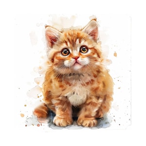 Yellow cat watercolor painting printable wall art , yellow kitten nursery wall decor, instant download, cat clipart, digital print