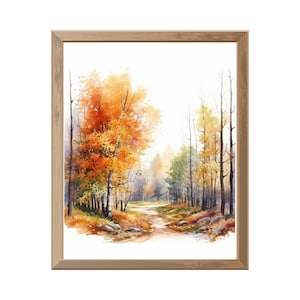Fall landscape painting printable wall art, Autumn watercolor painting, instant download, digital print