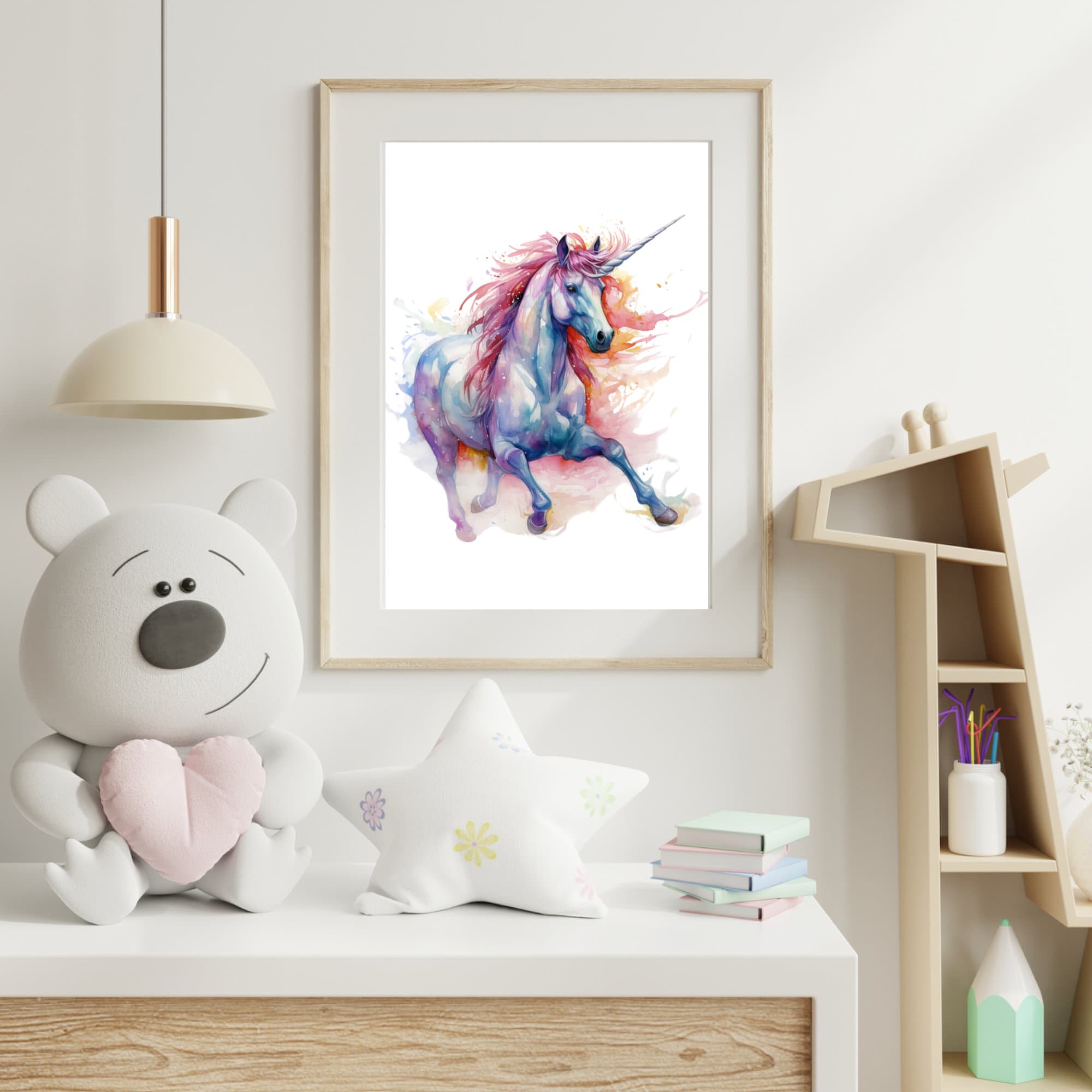 ユニコーンの水彩イラストの印刷可能な壁アート、ユニコーンのクリップ