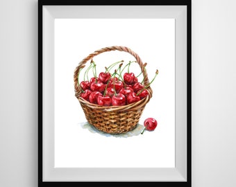 Cherries in Basket Watercolor Painting Printable Wall Art, Kitchen