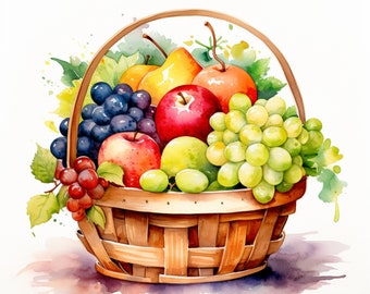 Fruits in basket watercolor painting, Kitchen wall decor, printable wall art, Fruits clipart, Fruits poster, Fruits instant download,