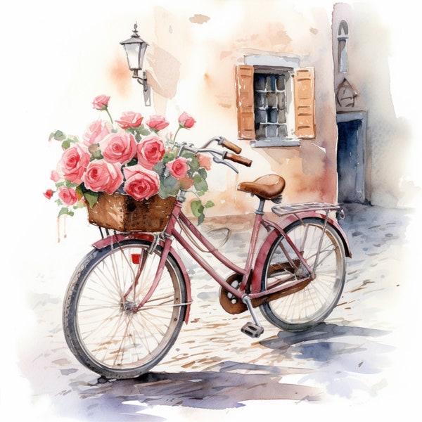 Bicycle with basket of flowers watercolor painting printable wall art, digital download