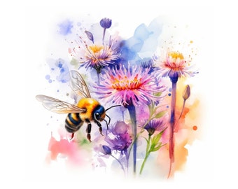 Honigbiene unter wilden Blumen, Honigbiene unter wilden Blumen, Aquarellmalerei, digitaler Download, Kunstdruck, Bild