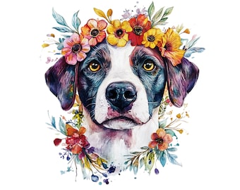 May include: Watercolor painting of a dog wearing a flower crown. The dog has black and white fur and is looking directly at the viewer. The flowers in the crown are yellow, orange, red, and pink.