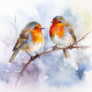 Pintura de acuarela de pájaros petirrojos, arte de pared imprimible, descarga instantánea, póster de pájaro petirrojo, clipart de pájaro petirrojo, impresión cuadrada, pareja de petirrojos