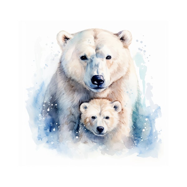 Mother and baby polar bear printable art, watercolor bear print art, home decor, wall, polar  bear painting, instant download, gift, baby