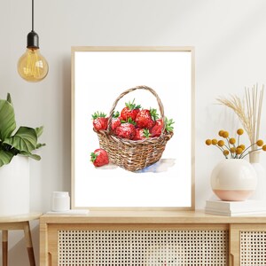 May include: Watercolour painting of a wicker basket filled with red strawberries. The basket is sitting on a white background.