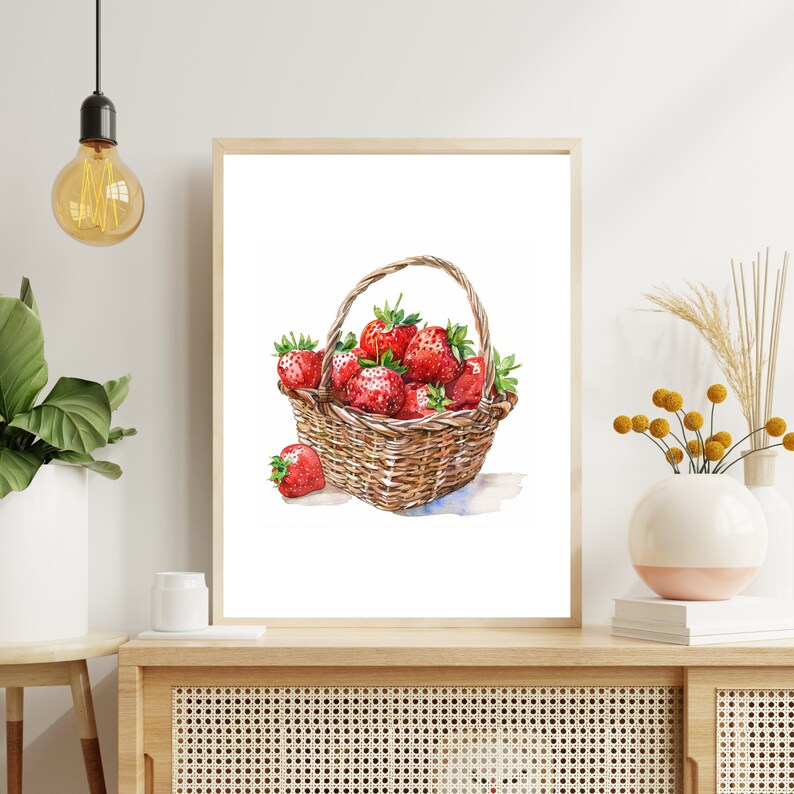 May include: Watercolour painting of a wicker basket filled with red strawberries. The basket is sitting on a white background.