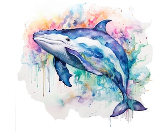 Pintura de acuarela de ballena, arte imprimible de acuarela de ballena, impresión de guardería, clipart de ballena, descarga digital de ballena, estampado animal