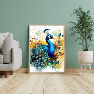 Akvarell påfågel utskrivbar konst, blommig påfågel (digital nedladdning) bild 3