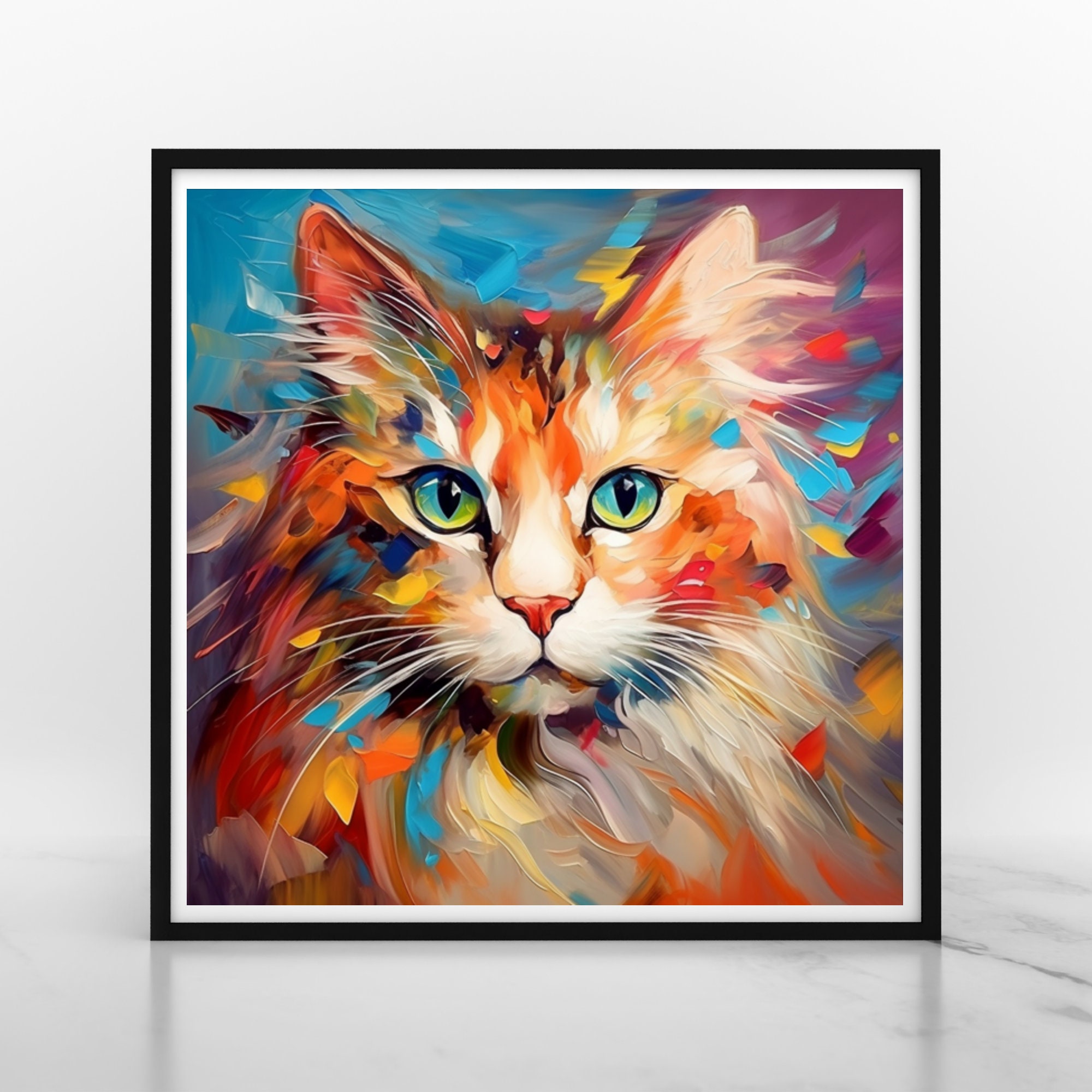 猫の肖像画の油絵、抽象画、印刷可能な壁アート、動物のアート、印刷
