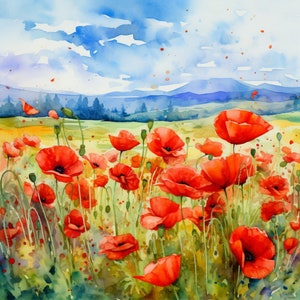 Op de afbeelding: Waterverf schilderij van een veld met rode klaprozen in bloei. De bloemen zijn in verschillende stadia van bloei, sommige zijn volledig open en andere nog in knop. De achtergrond is een zachte blauwe lucht met witte wolken.