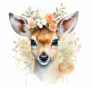 Bambi watercolor painting printable wall art, Nursery wall decor, baby room decor, instant download, digital print, deer clipart
