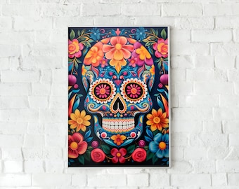 Sugar Skull Wall Art For Living Room Art Day of the Dead Art Print Candy Skull Watercolor Floral Skull Halloween Wall Art Mexico Home Decor