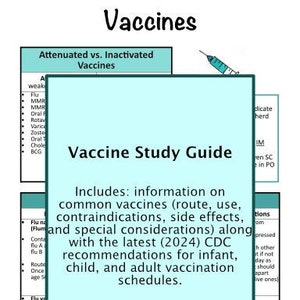 May include: A teal blue and white guide with the title "Vaccine Study Guide" and the text "Includes: information on common vaccines (route, use, contraindications, side effects, and special considerations) along with the latest (2024) CDC recommendations for infant, child, and adult vaccination schedules. Instant PDF Download!"