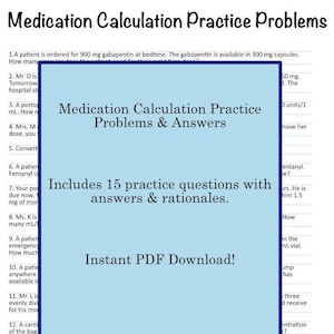 Könnte beinhalten: Eine blaue und weiße Grafik mit dem Text "Medication Calculation Practice Problems & Answers". Die Grafik enthält auch den Text "Includes 15 practice questions with answers & rationales." und "Instant PDF Download!"