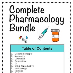 Op de afbeelding: Een inhoudsopgave voor een complete farmacologiebundel. De tabel bevat 14 onderwerpen, waaronder algemene concepten, neurologie, cardiologie, ademhaling, maag-darmkanaal, urinewegen en voortplanting, hematologie, immuunsysteem, endocrien systeem, bewegingsapparaat, pijn, KNO en huid, infectieziekten en psychologie.