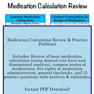 Könnte beinhalten: Eine blaue und weiße Grafik mit dem Text "Medication Calculation Review" und "Instant PDF Download!" Die Grafik enthält Informationen zu Medikamentenumrechnungen, Formulierungen und Verabreichungswegen. Sie enthält auch eine Liste der in der Übersicht behandelten Themen, wie z. B. Dimensionsanalyse, gewünschte Dosis gegenüber vorhandener Dosis und die fünf Rechte der Medikamentenverabreichung.