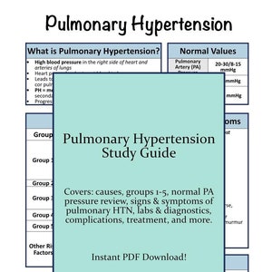Pode incluir: Um guia de estudo azul-esverdeado para hipertensão pulmonar. O guia abrange as causas, os grupos 1-5, a revisão da pressão arterial pulmonar normal, os sinais e sintomas da HTN pulmonar, os exames de laboratório e o diagnóstico, as complicações, o tratamento e muito mais. O guia também inclui uma seção sobre o download instantâneo de PDF.