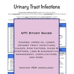 Könnte beinhalten: Ein rosa-weißer Studienleitfaden für Harnwegsinfektionen (HWI). Der Leitfaden behandelt obere vs. untere Harnwegsinfektionen, Ursachen, Risikofaktoren, Anzeichen und Symptome, Laboruntersuchungen und Diagnostik, Management, Komplikationen und mehr. Der Leitfaden enthält auch einen sofortigen PDF-Download.
