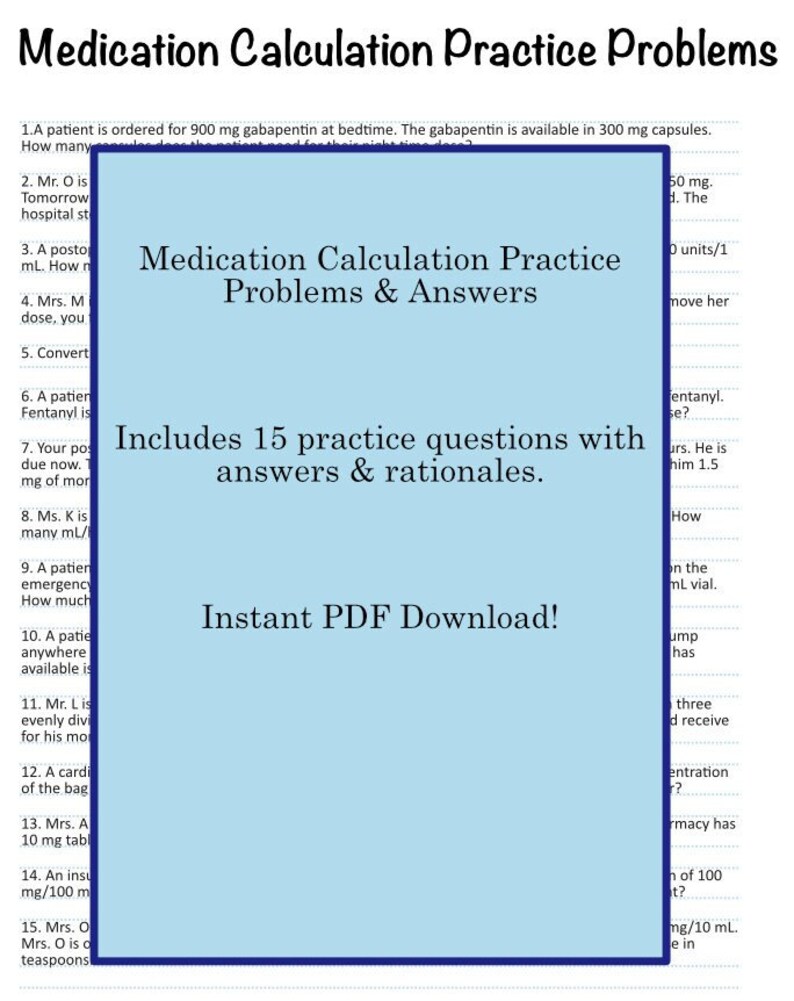 Medication Calculation Practice Problems & Answers Etsy