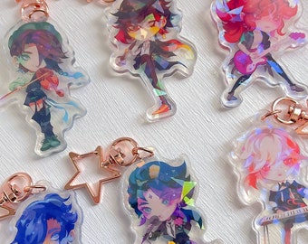 Compre 2 y obtenga 1 gratis - Amuletos acrílicos holográficos de Genshin Boyband (Xiao, Venti, Zhongli, Kazuha, Kaeya, Diluc)