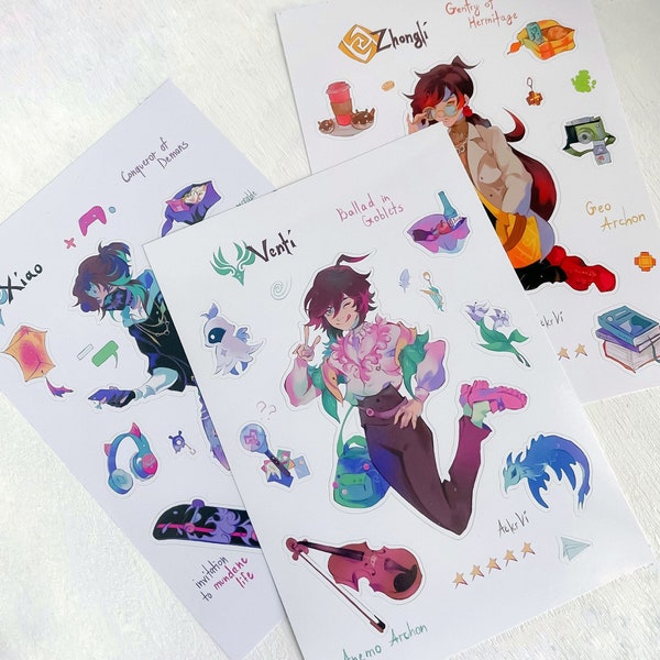 Genshin Modern Fashion Sticker Sheets (Xiao, Venti, Zhongli) | Vinyl