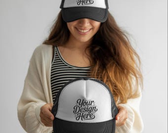 Czarno-biała czapka Otto Trucker Cap, makieta czapki baseballowej, makieta czapki z siateczki, makieta stylu życia, makieta czapki baseballowej, model prawdziwej osoby, POD