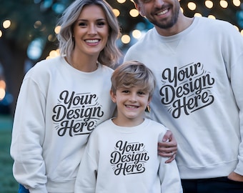 White Gildan 18000 Family of Four Mockup | G18000 Parents Kids Crewneck| Family Holiday Sweatshirt Mock-up Boy Girl Matching