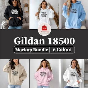 Pu&ograve; includere: Pacchetto di mockup di sei felpe con cappuccio Gildan 18500 in diversi colori: nero, bianco, azzurro, beige, rosa e bianco. Ogni felpa con cappuccio presenta un cappuccio con coulisse, una tasca a marsupio e il testo "YOUR DESIGN HERE" stampato sul davanti.