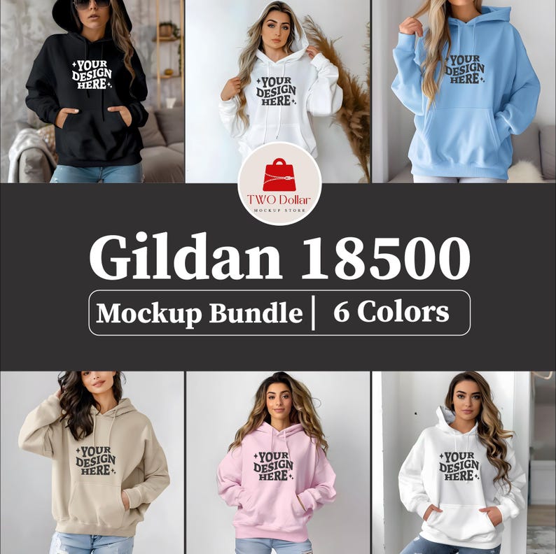 Pu&ograve; includere: Pacchetto di mockup di sei felpe con cappuccio Gildan 18500 in diversi colori: nero, bianco, azzurro, beige, rosa e bianco. Ogni felpa con cappuccio presenta un cappuccio con coulisse, una tasca a marsupio e il testo "YOUR DESIGN HERE" stampato sul davanti.
