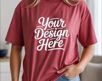 Comfort Colors C1717 Crimson Shirt Mockup | CC 1717 Red T-shirt Mock-up | Real Model Mock | Modny przytulny, swobodny, jesienny, boho, estetyczny T-shirt