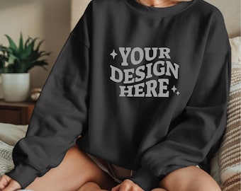 Gildan 18000 Black Sweatshirt Mockup | G180 Black Crewneck Mockup | Model Mock | Gildan 18000 Black Sweater | Cozy Oversized Simple Mockup