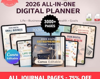 2026 All-in-One Digital Planner Bundle, Printable Journal Planner, Journal monthly yearly trackers, Mood, Habit, Reading, Digital Download