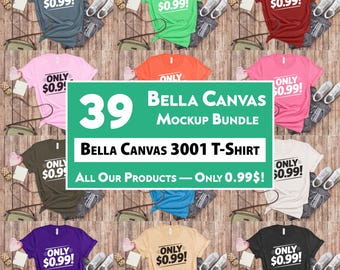 Paquete de maquetas Bella Canvas 3001 de más de 39 colores. Paquete de maquetas de camisetas Bella y Canvas. Maquetas de camisetas planas estilo bohemio POD.