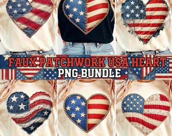 Zestaw z imitacją patriotycznego patchworku z flagą USA w kształcie serca w formacie PNG, zestaw z okazji 4 lipca w formacie PNG, patriotyczne png, amerykańskie png, zestaw do sublimacji, pobieranie cyfrowe
