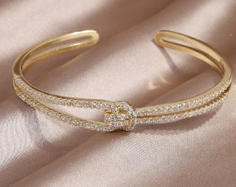 Knot Style CZ Gold Silver Cuff Adjustable Knot Bracelet Luxury Women Fashion Elegant Wedding Anniversary Gift